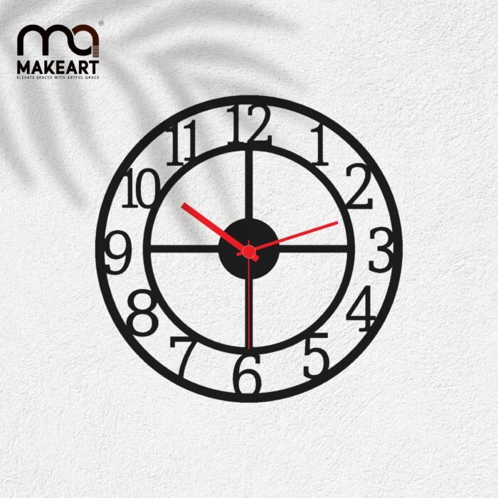 Geometric Open-Face Wall Clock – Black Frame, Bold Numerals & Red Hands