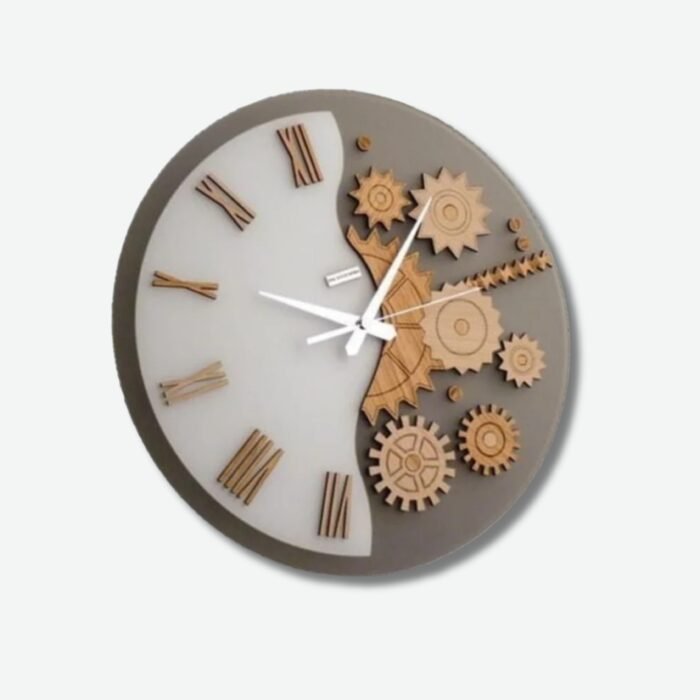 Steampunk Roman Gear Wall Clock – Half White Dial & Exposed Wooden Mechanism