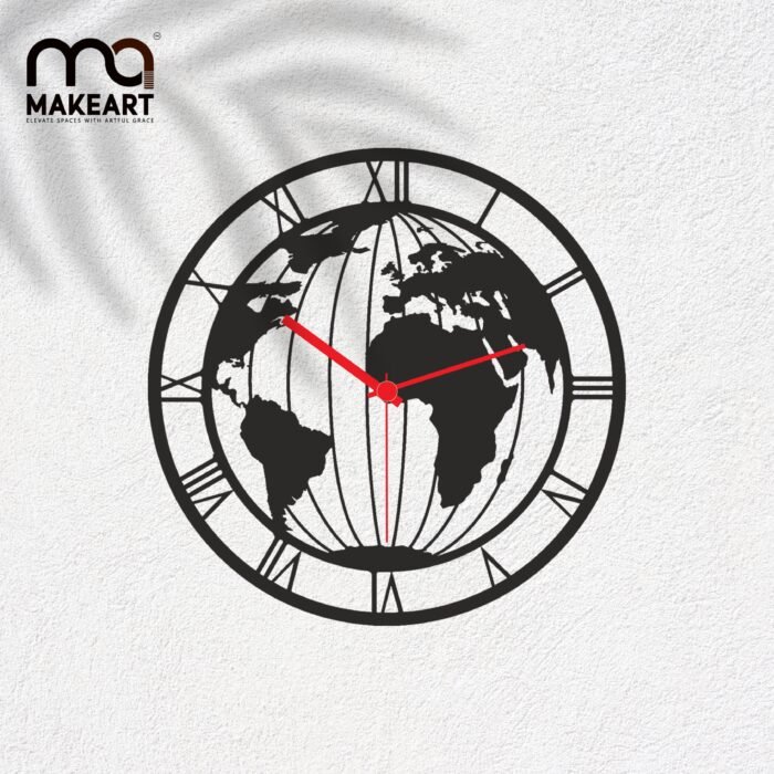 World Map Wall Clock – Roman Numerals, Black Continents on White Face
