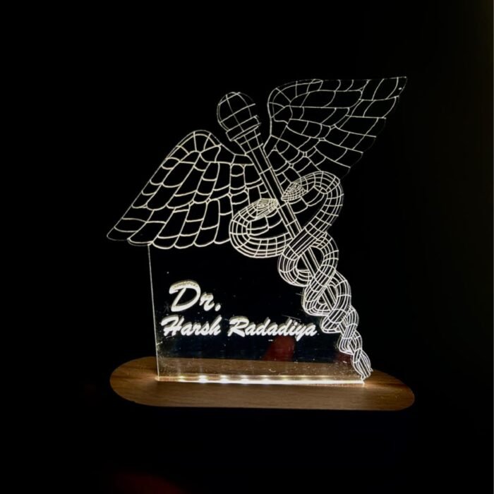 Personalized Acrylic Plaque – Rod of Asclepius Design with Illuminated Base